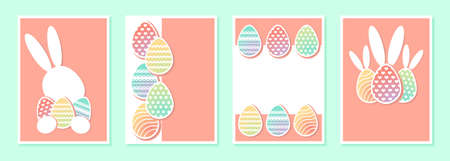 Set of Easter backgrounds in paper style with copy space. Design for greeting card, banner, flyer and invitation. Vector stock illustration.のイラスト素材