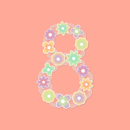 Number eight from flowers on a coral background. Holidays concept March 8 international womens day and birthday.Design for greeting card, banner. Vector stock illustration.のイラスト素材