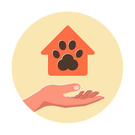 Human hand and house with dog footprint. The concept of a shelter for homeless animals, care, adoption. Vector stock illustration.のイラスト素材