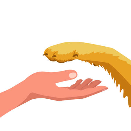 Human hand and dog paw isolated on white background. The concept of dog training, love and care for animals. Vector stock illustration.のイラスト素材
