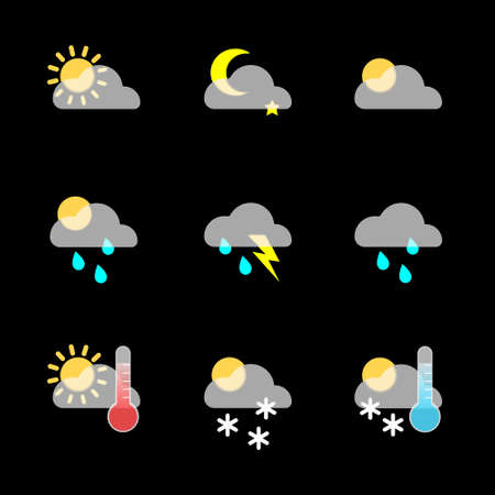 Set weather icons on a black background in the style of glassmorphism. Vector stock illustration.のイラスト素材