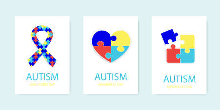 Autism awareness day, jigsaw puzzle, set of flyers with inscription, ribbon heart and square symbols. Vector stock illustration.のイラスト素材