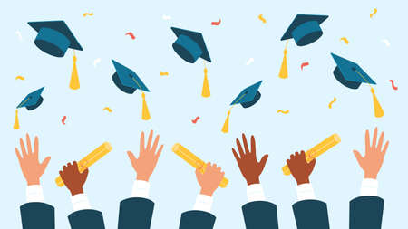 University and college graduates hold a diploma scroll, throw up a square academic cap, confetti. Happy graduation concept. Vector stock illustration.のイラスト素材