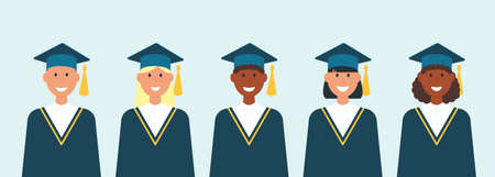 Graduates collection people guys and girls. Institute or college students. Stock vector illustration.のイラスト素材