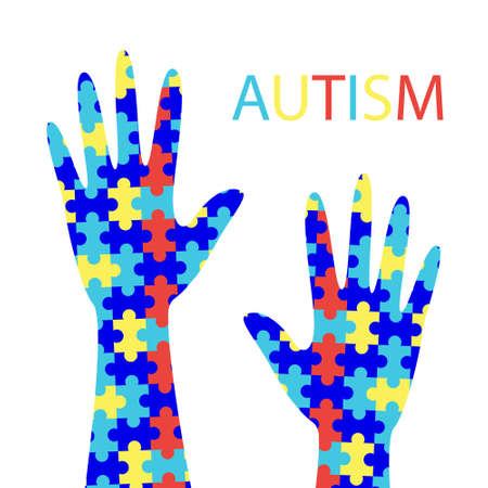 Autism Awareness Day, hands made from jigsaw puzzle. Banner with the inscription. Vector stock illustration.のイラスト素材