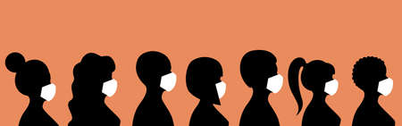Silhouette of people side view in medical protective masks. Vector stock illustration.のイラスト素材