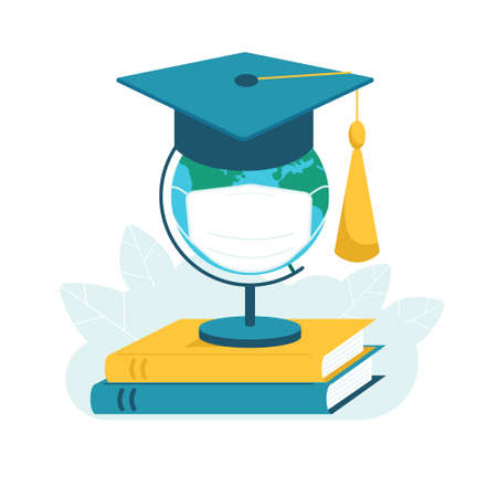 Globe in a protective medical mask and a square academic cap. Graduation concept during virus pandemic. Vector stock illustration.のイラスト素材