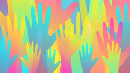 Background of multicolored hands silhouette, diversity concept, volunteering. Vector stock illustration.のイラスト素材