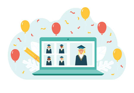 Graduation virtual distance online student rewarding ceremony. Laptop, confetti and balloons. Vector stock illustration.のイラスト素材