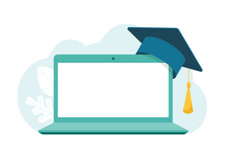 Laptop with blank screen, academic mortarboard graduate cap. Online learning concept. Vector stock illustration.のイラスト素材