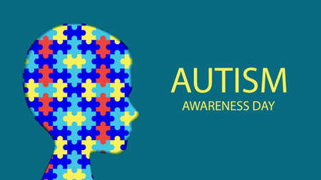 Silhouette of a child's head from jigsaw puzzles, autism awareness day. Banner with the inscription. Vector stock illustration.のイラスト素材