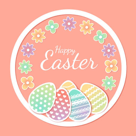 Happy easter, eggs and flowers, banner frame with text in cut paper style. Vector stock illustration.のイラスト素材