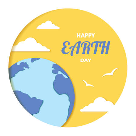 Happy mother earth day in cut paper style, planet, clouds and birds. Vector stock illustration.のイラスト素材