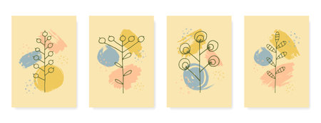 Plants hand drawing sketch, brush strokes, abstract backgrounds set. Design for greeting card, invitation. Vector stock illustration.のイラスト素材