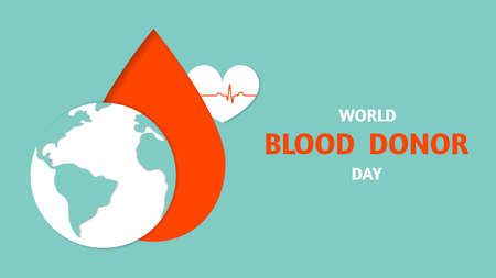 World blood donor day, planet earth, drop of blood and heart with cardiogram, banner in cut paper style. Vector stock illustration.のイラスト素材