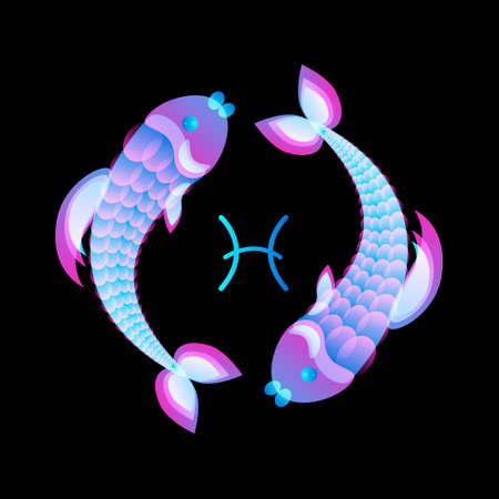 Zodiac sign Pisces neon on black background, horoscope. Stock vector illustration.のイラスト素材