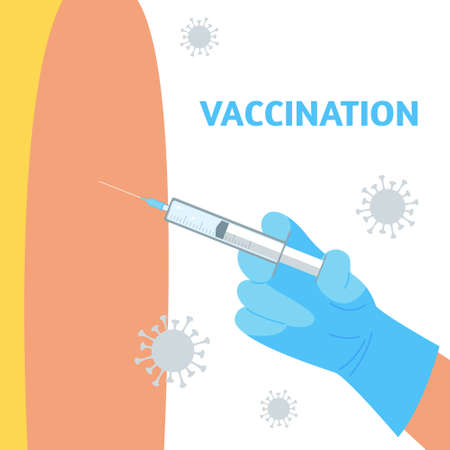 The doctor's hand holds a syringe with the coronavirus vaccine. Time for vaccination concept. Stock vector illustration.のイラスト素材