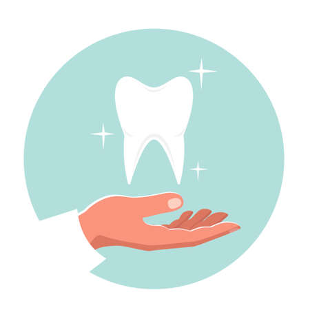 Dentist doctor hand and healthy tooth icon isolated on white background. Vector stock illustration.のイラスト素材