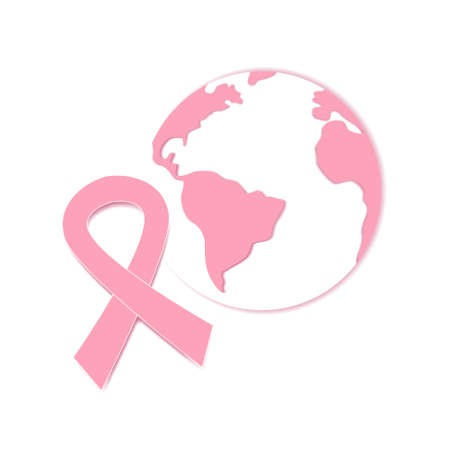 Pink breast cancer awareness ribbon and planet isolated on white background. Vector stock illustration.のイラスト素材