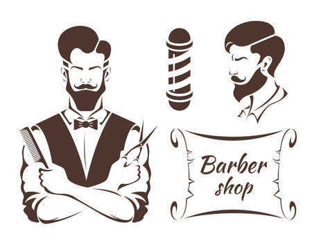 Male hairdresser, barbershop set in simple retro style isolated on white background. Vector stock illustration.のイラスト素材