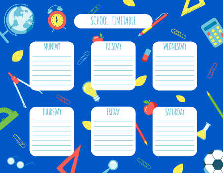 School timetable planner, school supplies on a blue background. Stock vector illustration.のイラスト素材