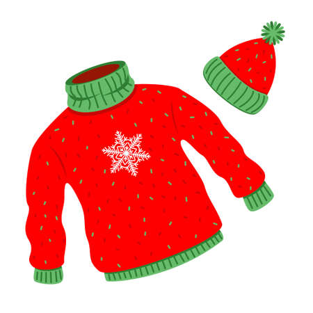 Winter new year clothes red sweater and hat isolated on white background. Stock vector illustration.のイラスト素材