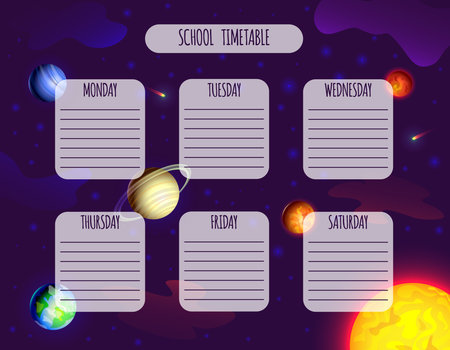 School timetable template on the background of space, planets, sun. Vector stock illustration.のイラスト素材