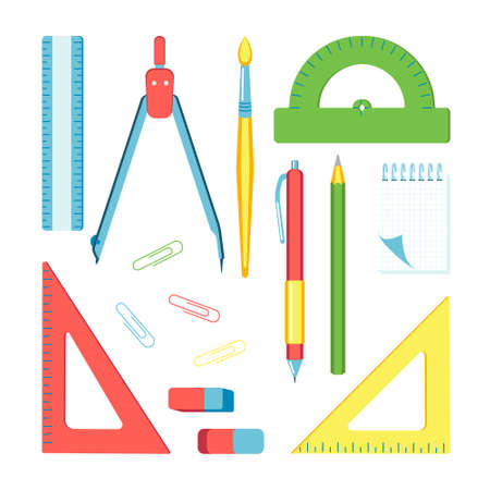 School supplies stationery set isolated on white background. Vector stock illustration.のイラスト素材