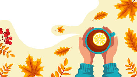 Hands hold a cup, lemon tea, autumn leaves top view. Banner with copy space. Vector stock illustration.のイラスト素材