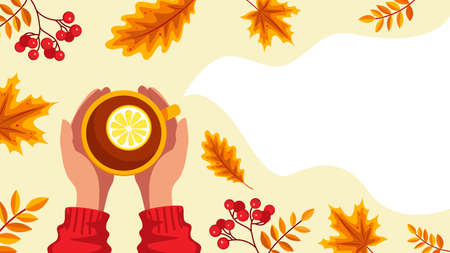Hands hold a cup, lemon tea, autumn leaves top view. Banner with copy space. Vector stock illustration.のイラスト素材