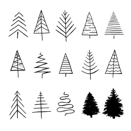 Christmas trees abstract set hand drawing sketch in doodle style isolated on white background. Vector stock illustration.のイラスト素材