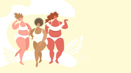 Plus size women of different races in swimsuits, the concept of body positivity, love for your body. Banner with copy space. Vector stock illustration in flat style.のイラスト素材