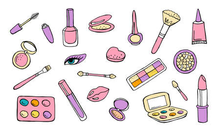 Set of cosmetics for make-up hand drawing sketch in color isolated on white background. Mascara, eyeshadow palette, lipstick and brushes. Stock vector illustration.のイラスト素材