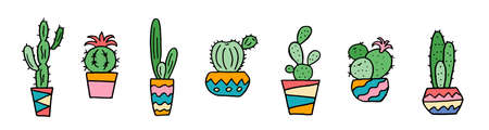 Set of cacti in a pot hand drawing sketch in color isolated on white background. Stock vector illustration.のイラスト素材