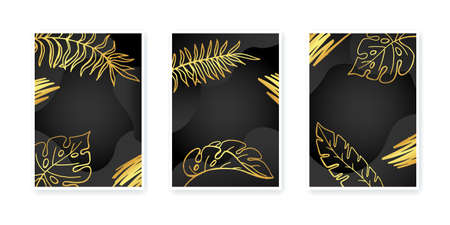 Tropical golden leaves hand drawing on black background set of abstract templates with copy space. Design for postcard, invitation, poster. Vector stock illustration.のイラスト素材