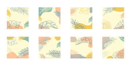 Tropical leaves and colored spots hand drawing in earthy colors, set of square abstract backgrounds with copy space. Monstera and palm leaves.Vector stock illustration.のイラスト素材