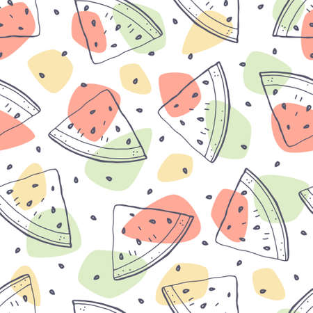 Watermelon slices hand drawing doodle style sketch and colored spots on white background seamless pattern. Design for textiles, fabrics, wallpaper and paper. Stock vector illustration.のイラスト素材