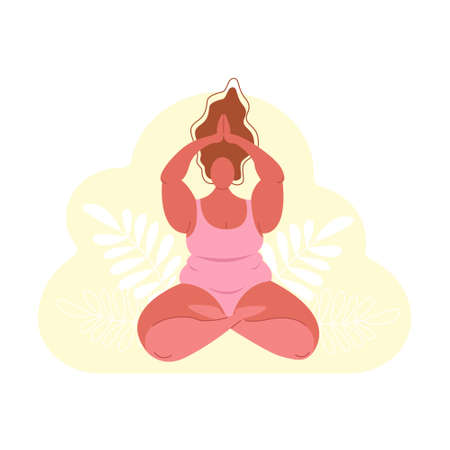Plus size woman in a swimsuit sitting in a lotus position yoga class, the concept of body positive, love for your body. Vector stock illustration in flat style.のイラスト素材