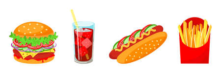 Set of fast food burger, hot dog, fries and cola on a white background vector illustration.のイラスト素材