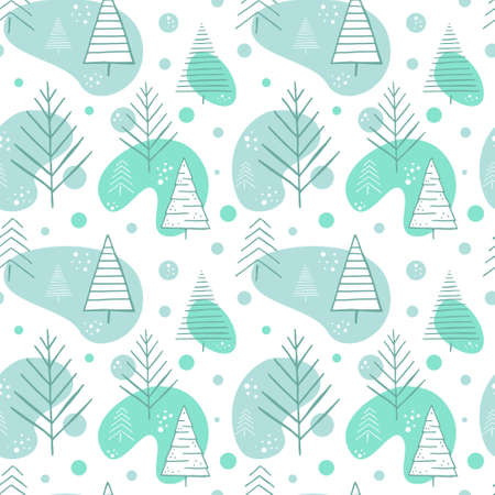 Christmas trees forest hand drawing and color spots seamless pattern in scandinavian style. Winter landscape. Design for wallpaper, textile. Stock vector illustration.のイラスト素材