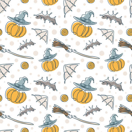 Halloween seamless pattern in one line style. A pumpkin with a hat, a broom, a spider web and a bat. Stock vector illustration.のイラスト素材
