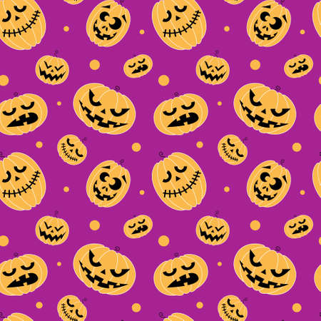 Pumpkin with different emotions, jack lantern symbol of halloween seamless pattern. Stock vector illustration.のイラスト素材