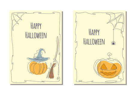 Happy Halloween set of greeting cards in one line style. Vector stock illustration.のイラスト素材