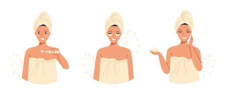 A set of a woman in a towel and a turban after taking a bath takes care of herself, brushes her teeth, applies cream and patches. Stock vector illustration.のイラスト素材