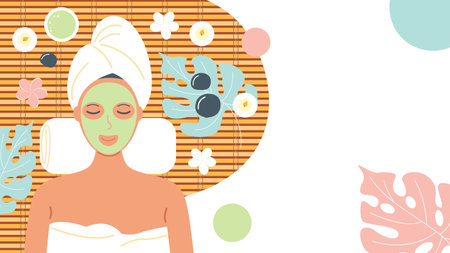 A woman in a spa salon in a turban with a mask on her face lies on a mat. The concept of relaxation, beauty and skin care. Banner with copy space. Vector stock illustration.のイラスト素材