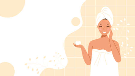 A woman in a towel and a turban in the bathroom applies cream to her face. Skin care concept. Banner design with copy space. Vector stock illustration in flat style.のイラスト素材