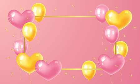 Abstract pink background with gold frame and realistic pink and yellow balloons. Banner with copy space. Birthday, wedding. Vector stock illustration.のイラスト素材