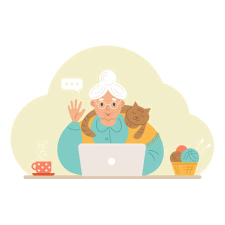 Happy grandmother with a laptop communicates online. Vector stock illustration.のイラスト素材
