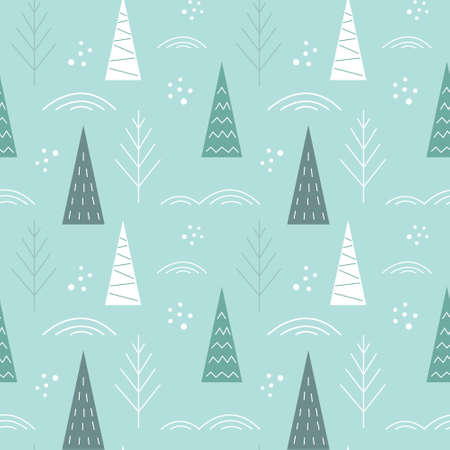 Winter forest seamless pattern in Scandinavian style. Festive New Year and Christmas design of cards, packaging, textiles. Vector stock illustration.のイラスト素材