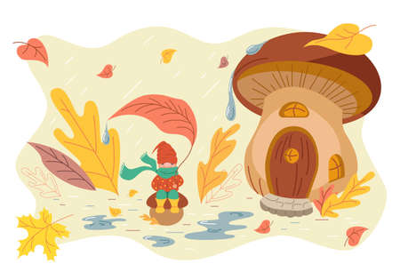 Little gnome and a mushroom house, autumn, rainy weather and yellow leaves are falling. Vector stock illustration.のイラスト素材